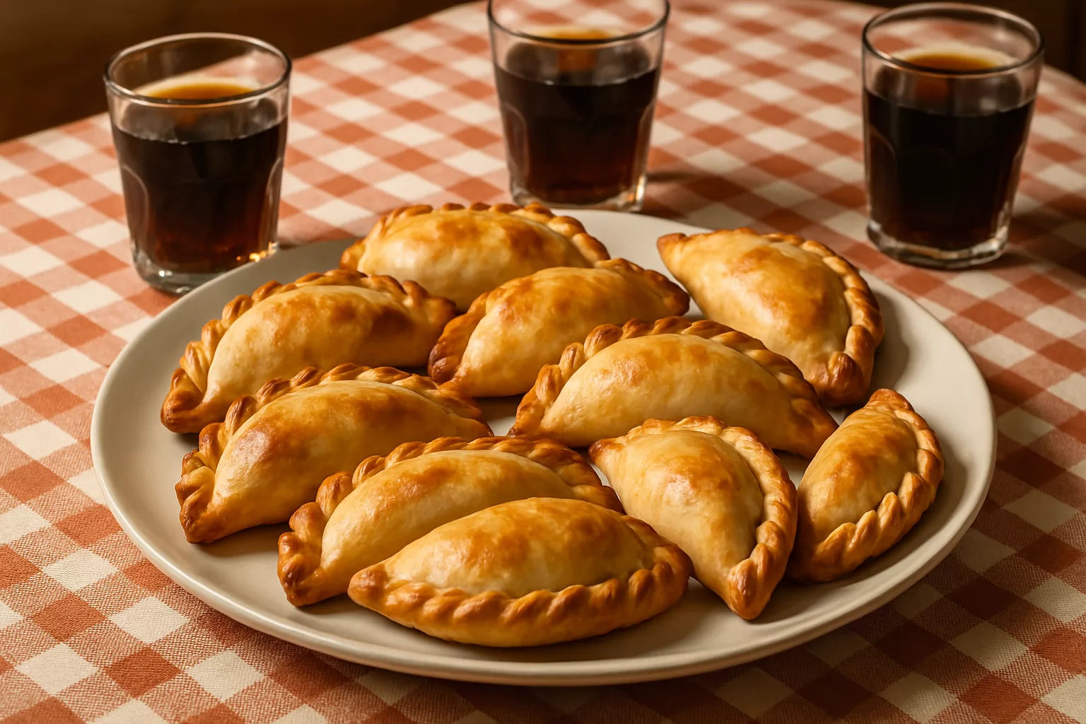 Receta de empanadas de carne uruguayas recién horneadas con repulgue tradicional sobre plato blanco